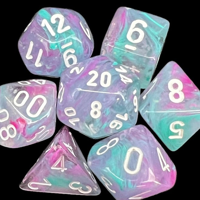 Chessex Nebula Wisteria & White Luminary Glow In Dark Dice