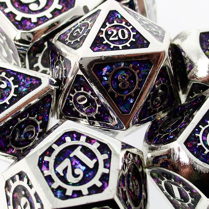TDSO Metal Gears Silver & Purple Mica Dice
