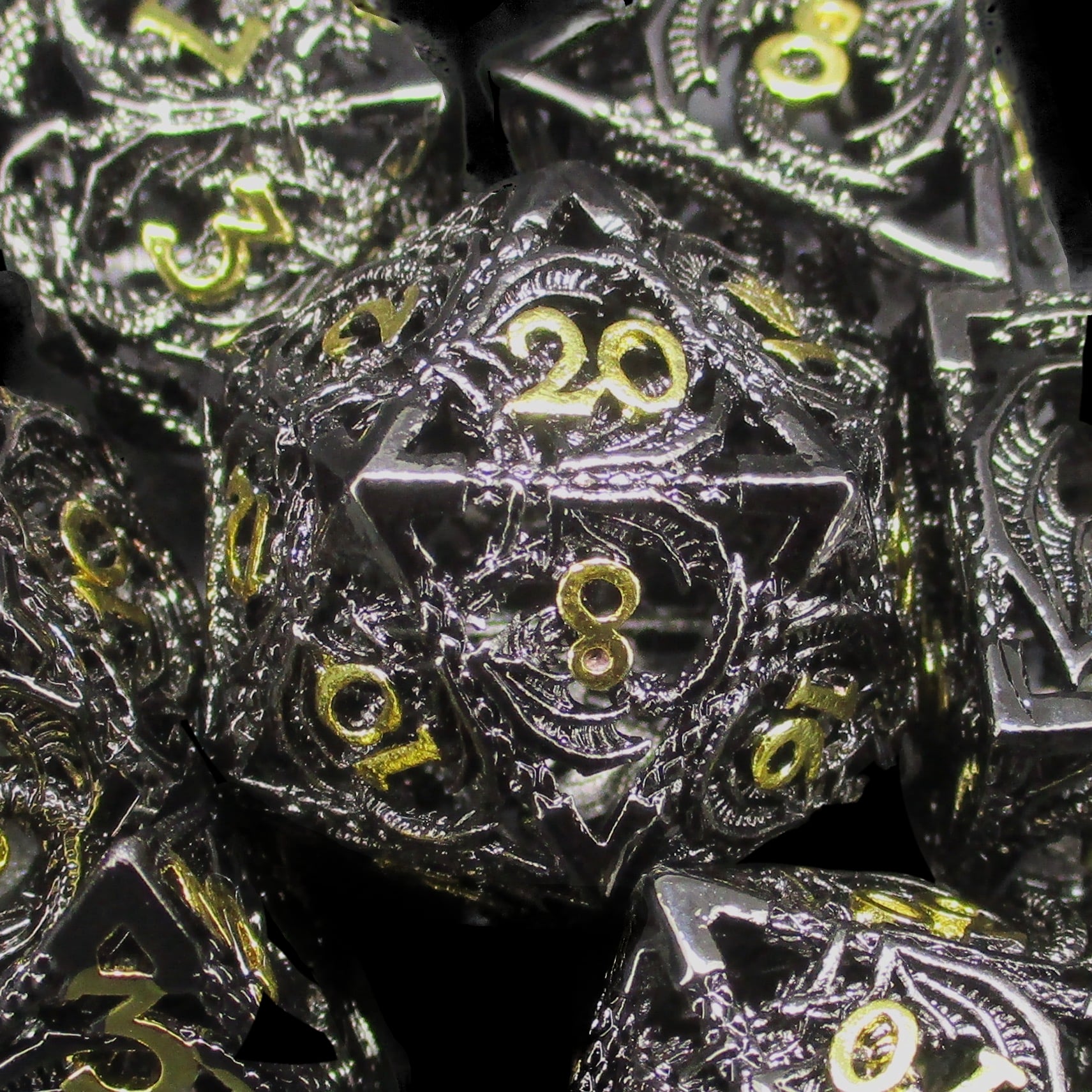 TDSO Metal Hollow Flying Dragon Black Nickel & Gold Dice