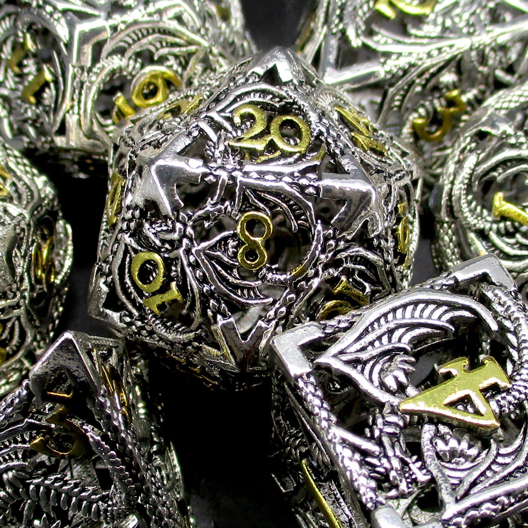 TDSO Metal Hollow Flying Dragon Bright Silver & Gold Dice