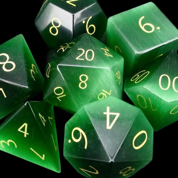 TDSO Glass Cats Eye Dark Green & Gold Dice