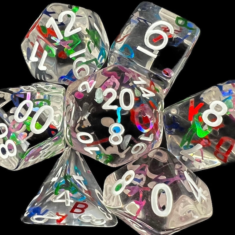 TDSO Confetti Alphabet Clear & White Dice