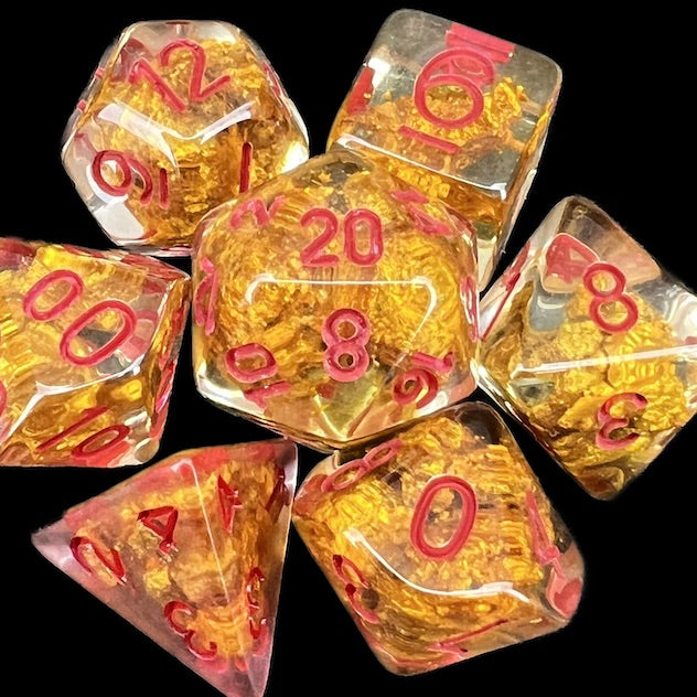 TDSO Confetti Fools Gold Clear & Red Dice