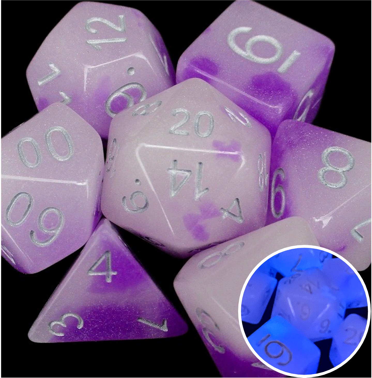 *TDSO Duel Amethyst & White Glow in the Dark Dice
