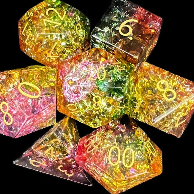 TDSO Glass Fused Jester Green Red & Yellow Dice