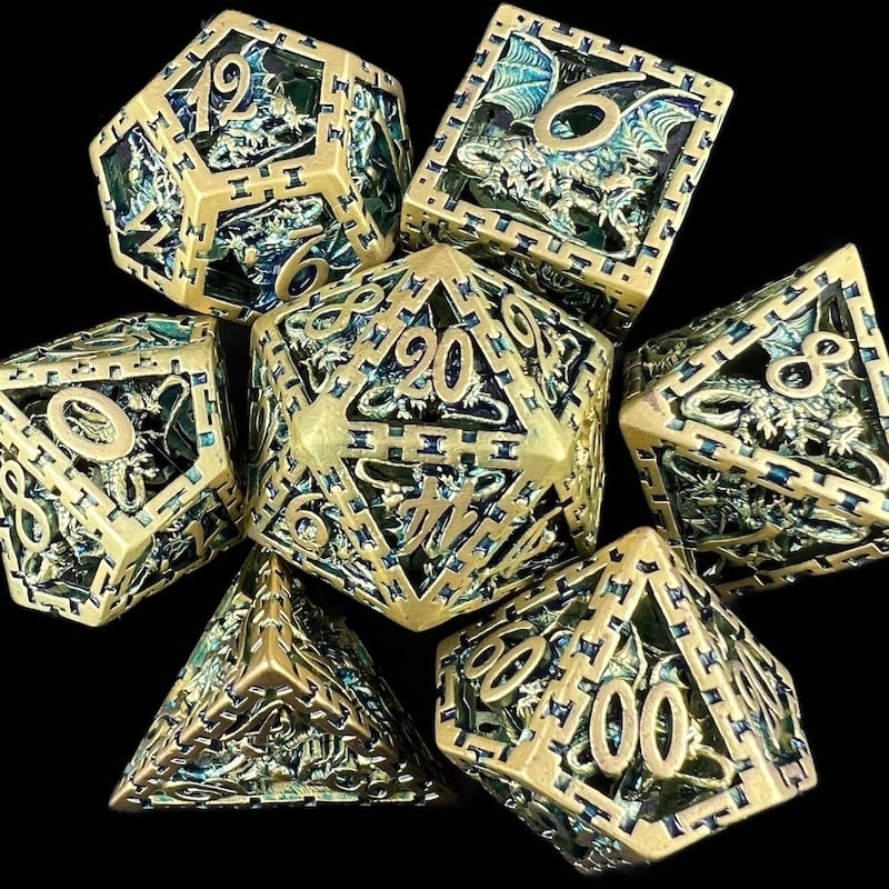 TDSO Metal Hollow Dragon Cage Gold & Green Dice