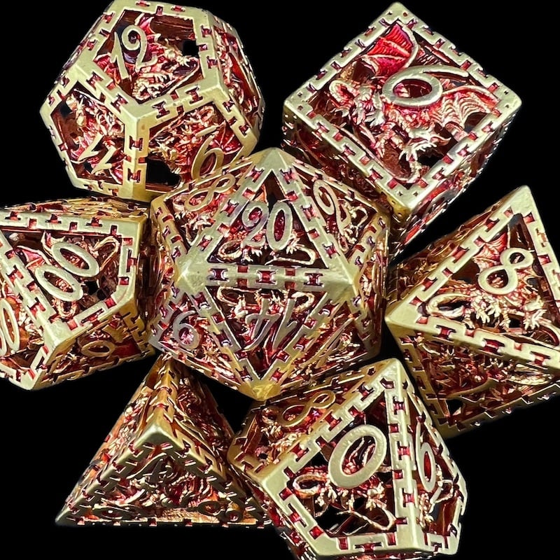 TDSO Metal Hollow Dragon Cage Gold & Red Dice