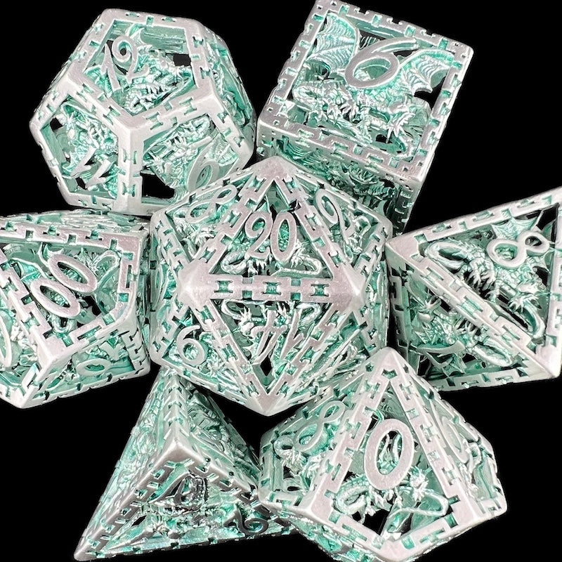 TDSO Metal Hollow Dragon Cage Silver & Green Dice