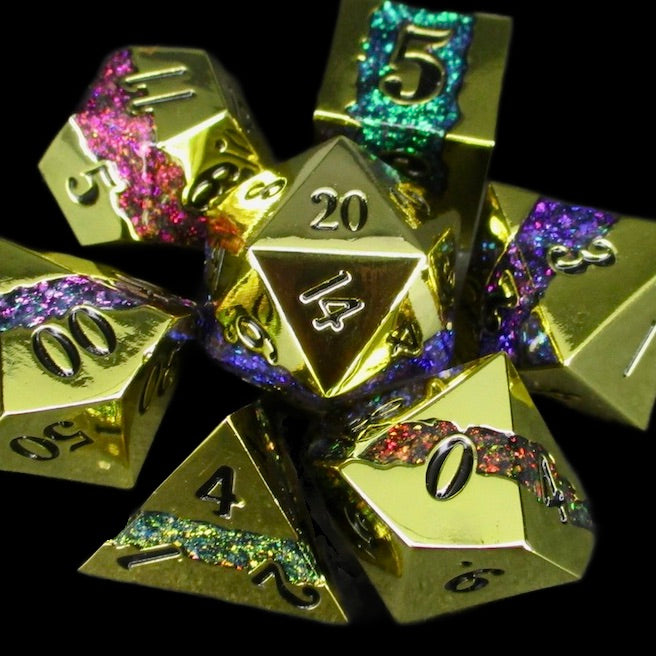 TDSO Metal Strata Polished Gold & Rainbow Mica Dice