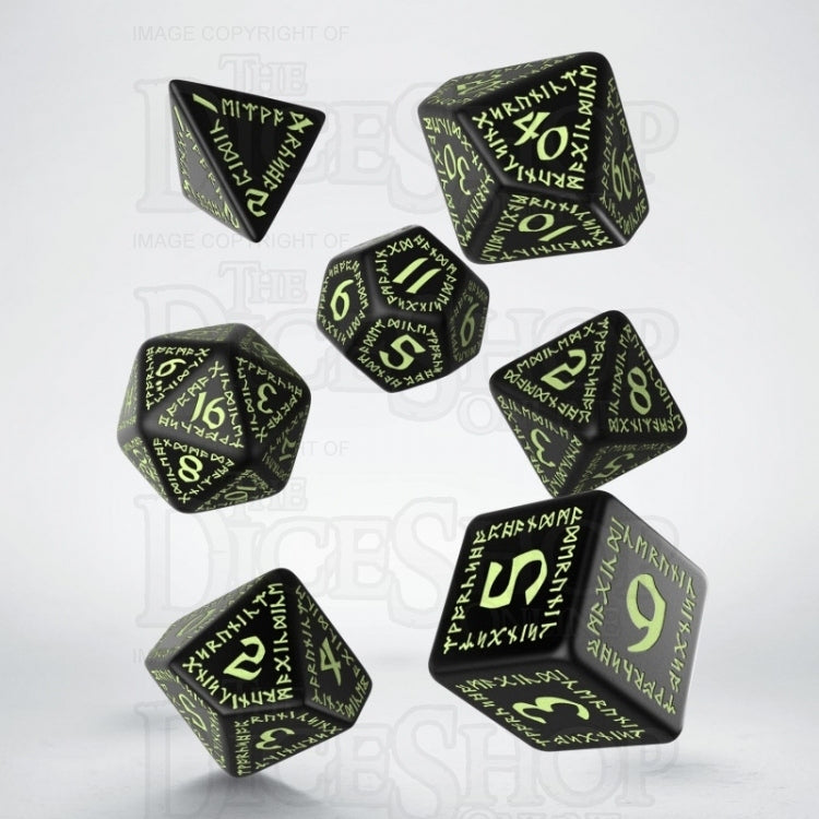 Q Workshop Runic Black & Glow in the Dark 7 Dice Polyset