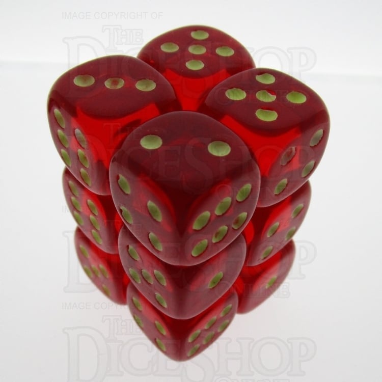 Koplow Glow in the Dark Spot Translucent Red 12 x D6 Dice Set