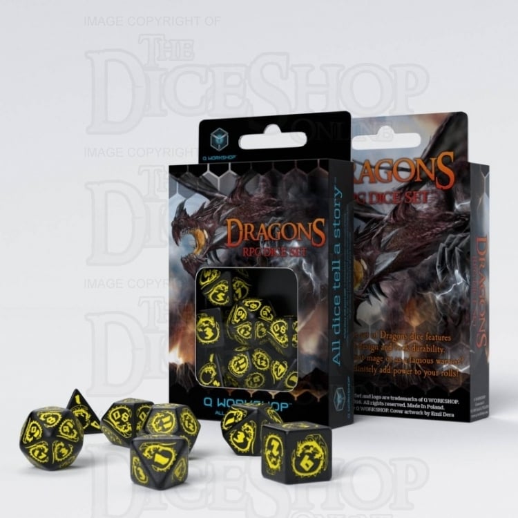 Q Workshop Dragon Black & Yellow 7 Dice Polyset