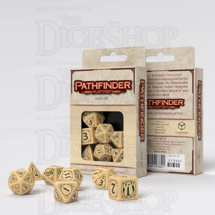 Q Workshop Pathfinder PLAYTEST Ivory & Green 7 Dice Polyset