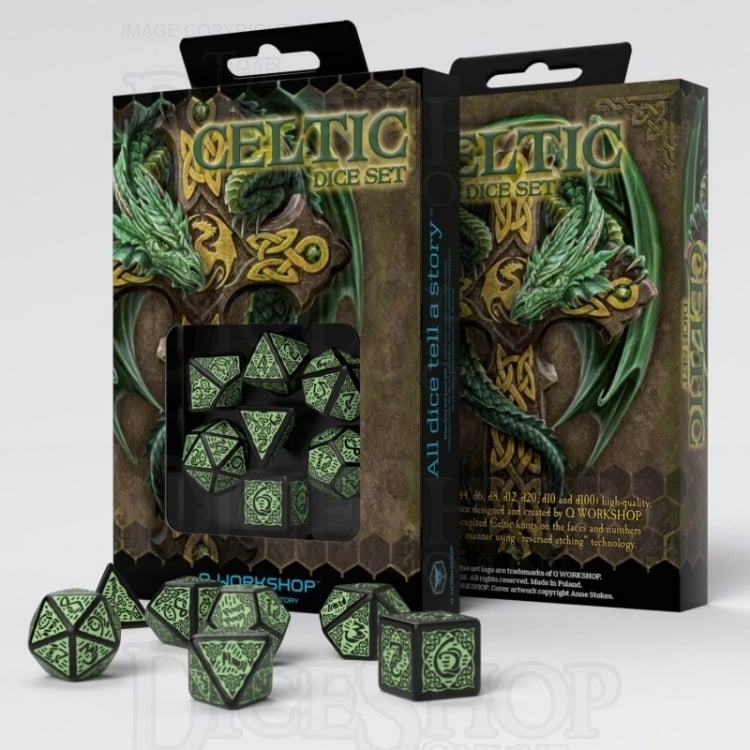 Q Workshop Celtic 3D Opaque Black &amp; Green 7 Dice Polyset