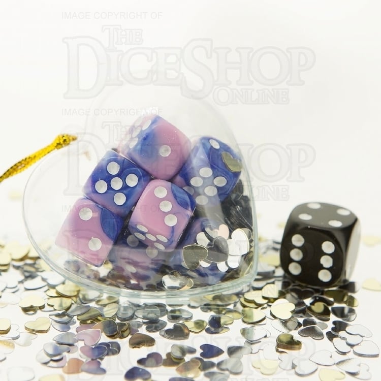 TDSO Valentines Day Heart Bauble - Duel Blue & Pink 12 x D6 Dice Set