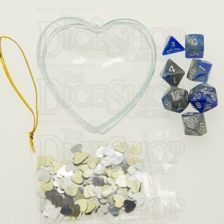 TDSO Valentines Day Heart Bauble - Duel Blue & Steel MINI 10mm 7 Dice Polyset