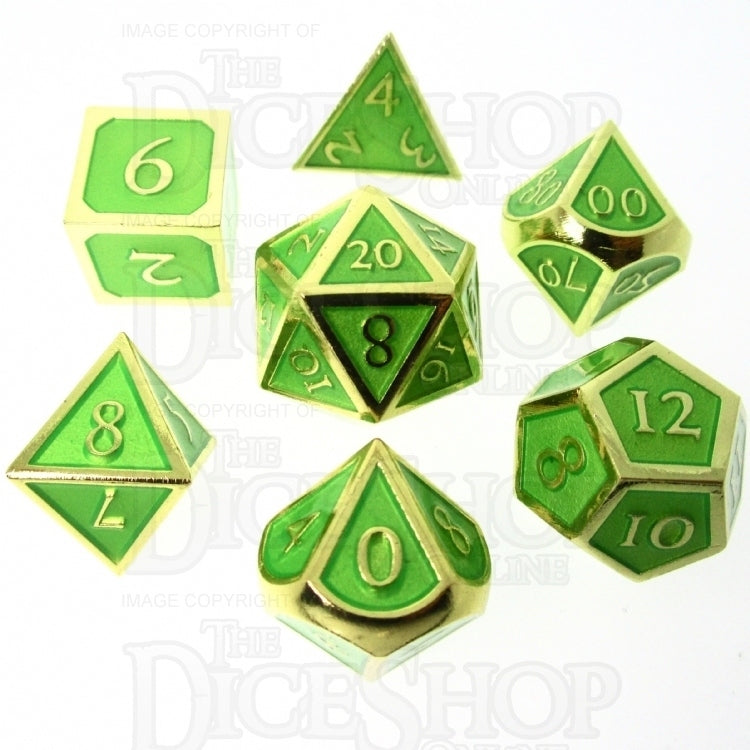 TDSO Metal Script Gold & Light Green 7 Dice Polyset