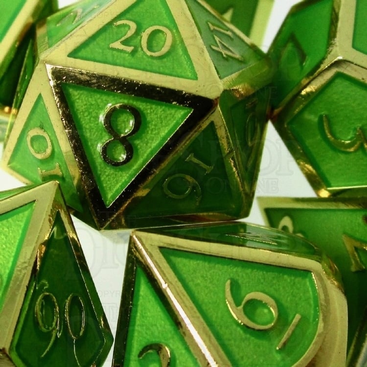 TDSO Metal Script Gold & Light Green 7 Dice Polyset