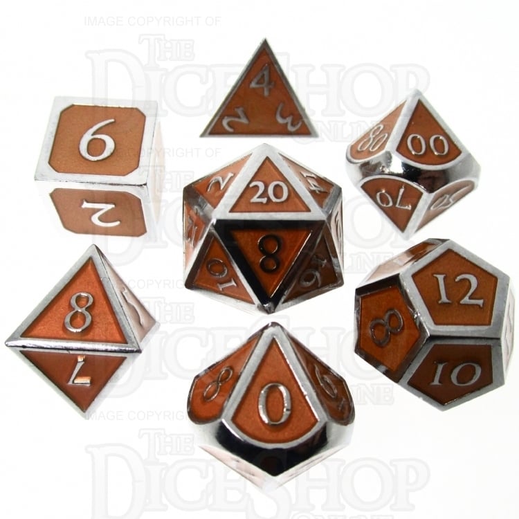 TDSO Metal Script Silver & Orange 7 Dice Polyset