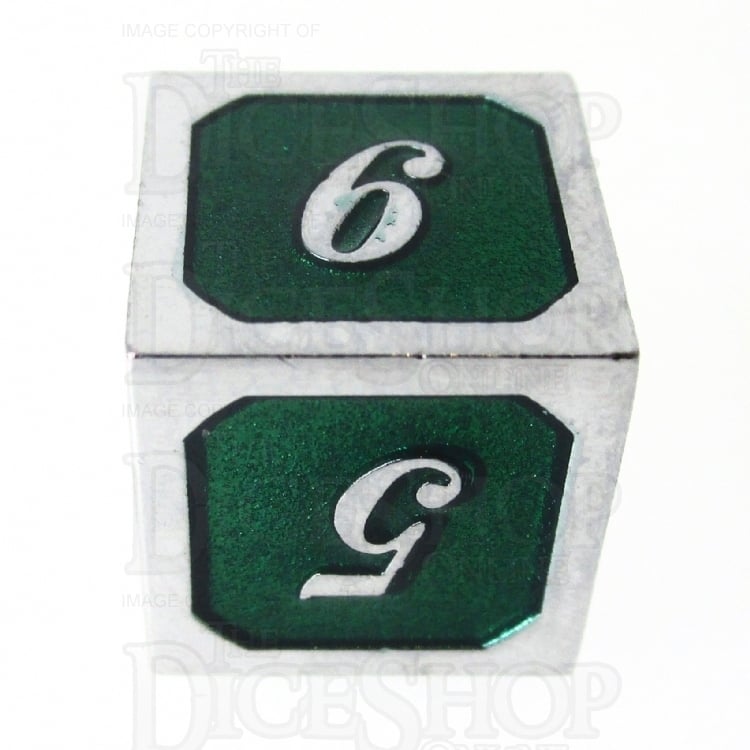 TDSO Metal Script Silver & Dark Green Shimmer D6 Dice