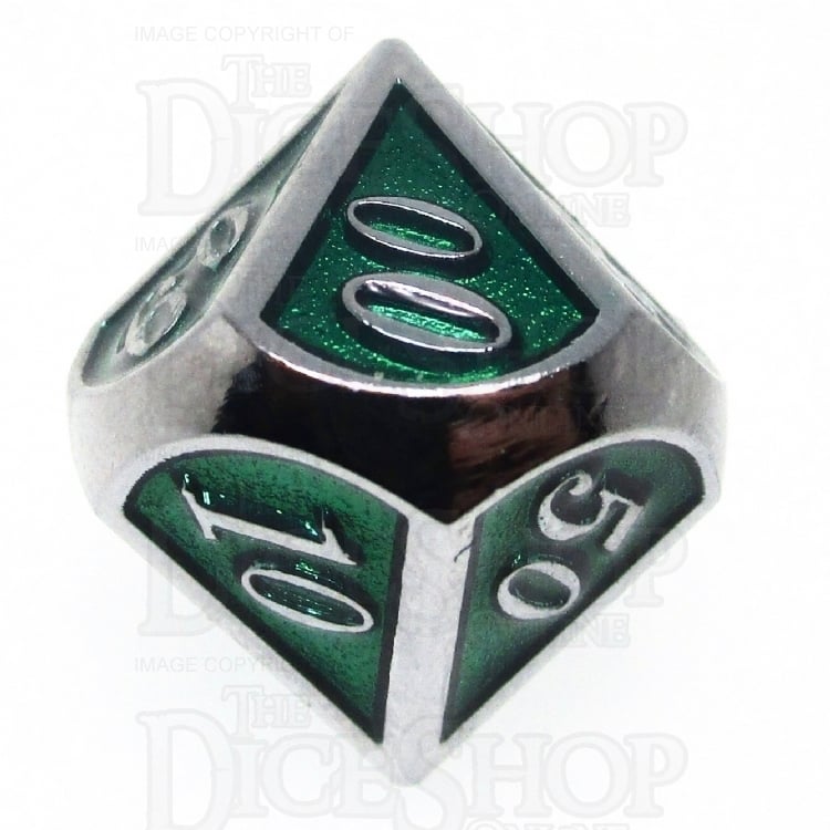 TDSO Metal Script Silver & Dark Green Shimmer Percentile Dice