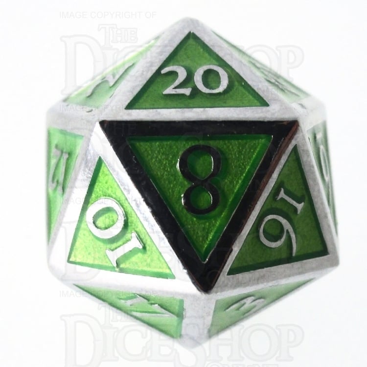 TDSO Metal Script Silver & Light Green D20 Dice