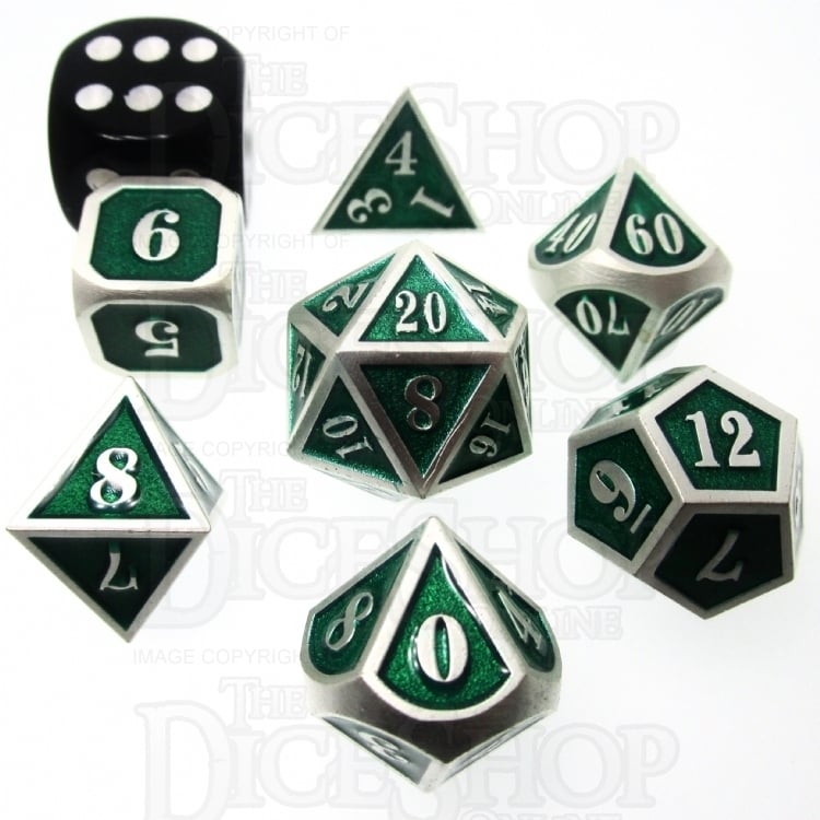TDSO Metal Fire Forge Silver & Green MINI 12mm 7 Dice Polyset