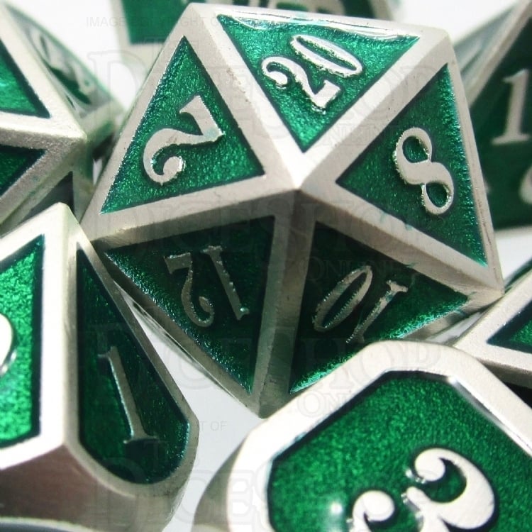 TDSO Metal Fire Forge Silver & Green MINI 12mm 7 Dice Polyset