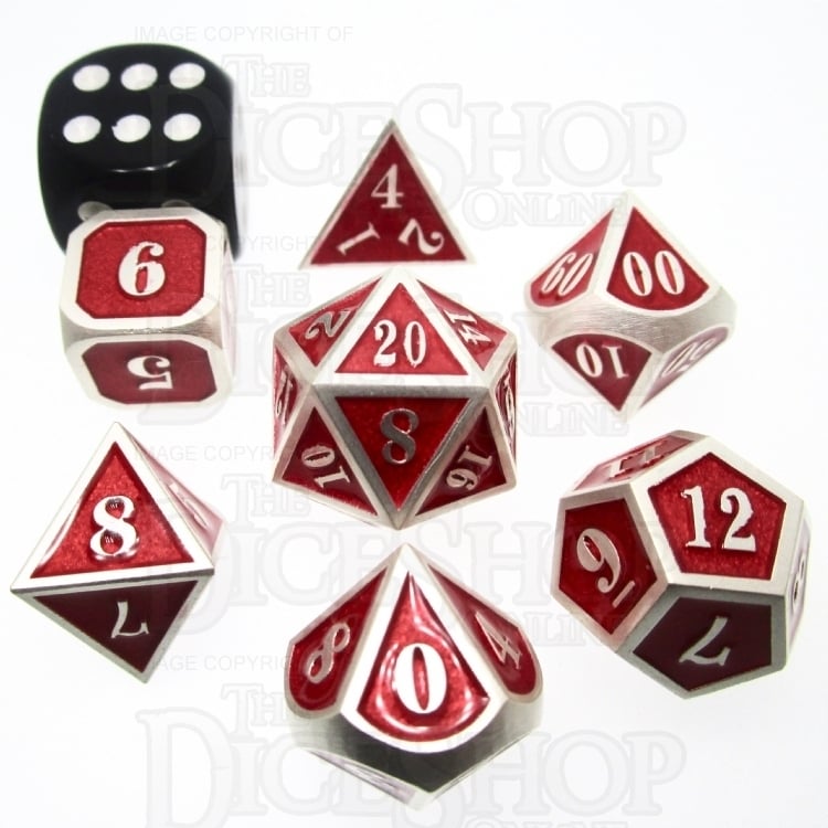 TDSO Metal Fire Forge Silver & Red MINI 12mm 7 Dice Polyset
