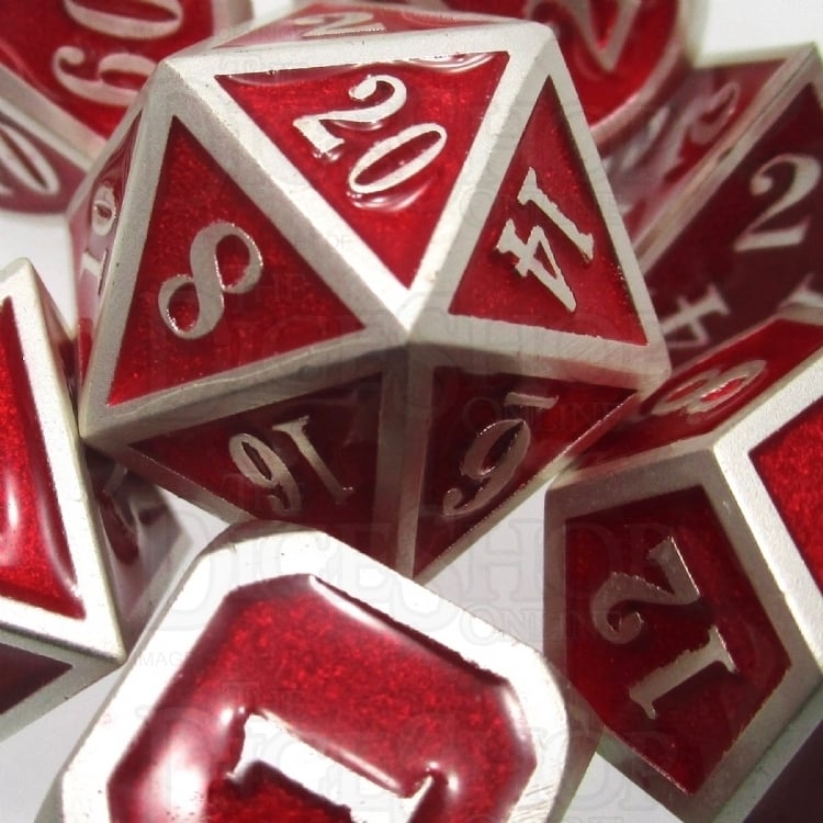 TDSO Metal Fire Forge Silver & Red MINI 12mm 7 Dice Polyset