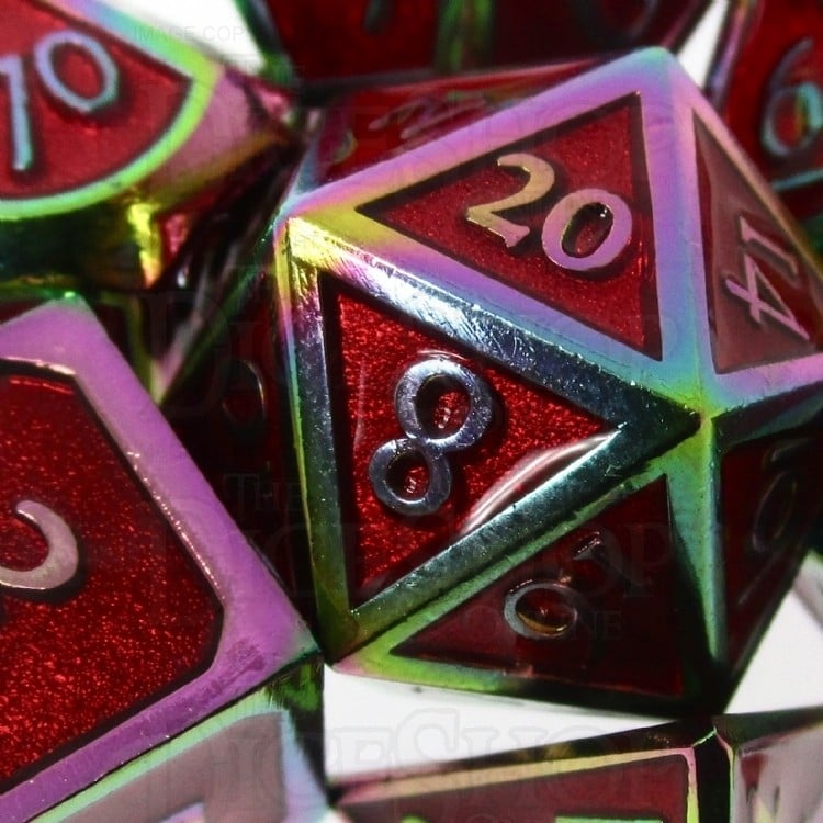 TDSO Metal Script Iridescent & Red 7 Dice Polyset