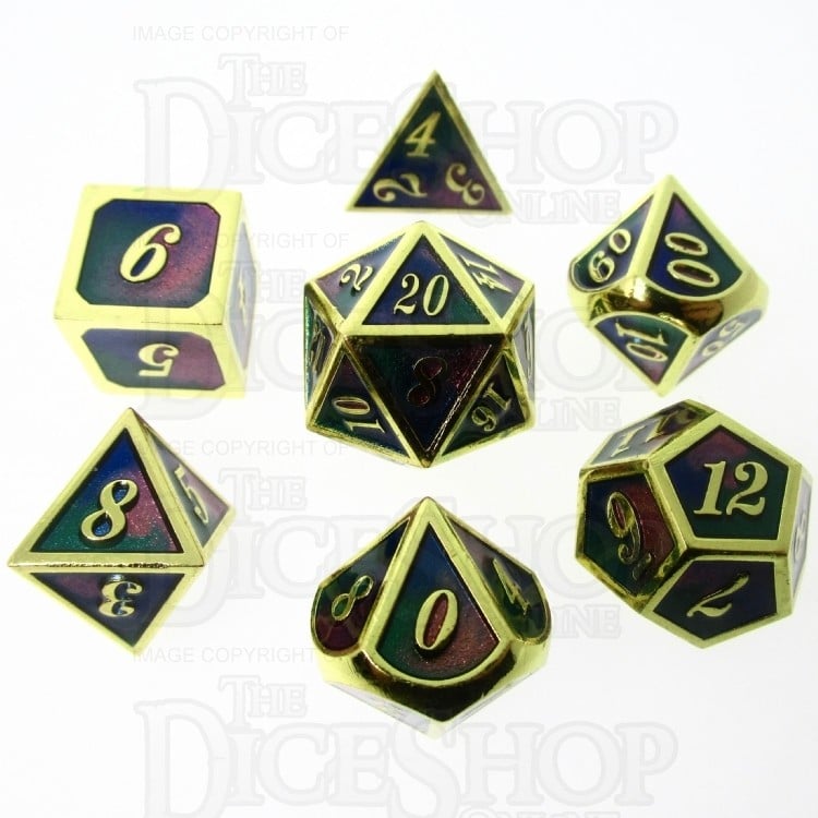 TDSO Metal Script Gold & Blue Green Purple 7 Dice Polyset