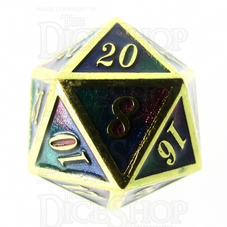 TDSO Metal Script Gold & Blue Green Purple D20 Dice