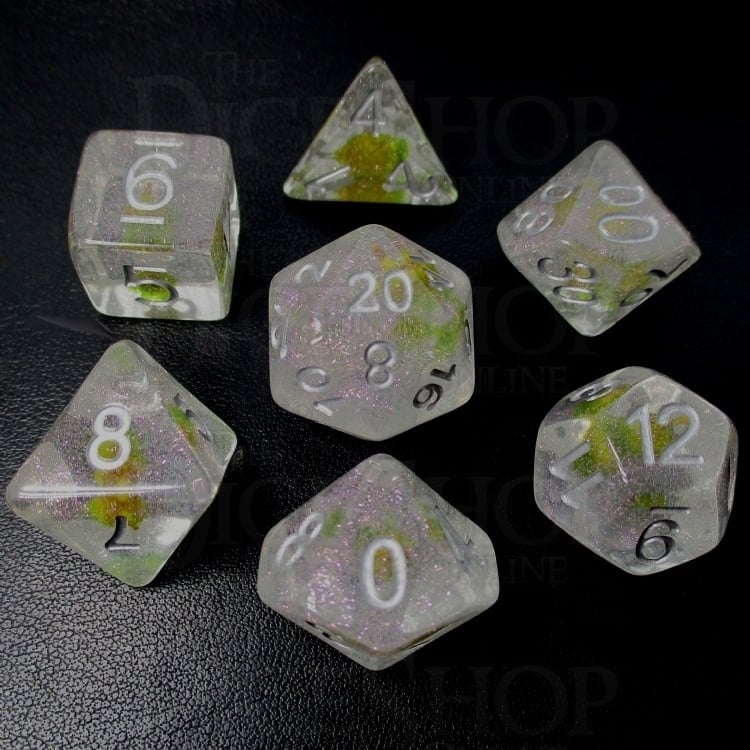 TDSO Encapsulated Glitter Flower Green 7 Dice Polyset