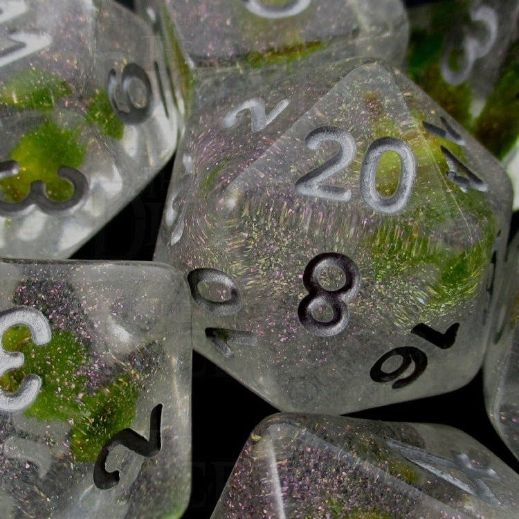 TDSO Encapsulated Glitter Flower Green 7 Dice Polyset