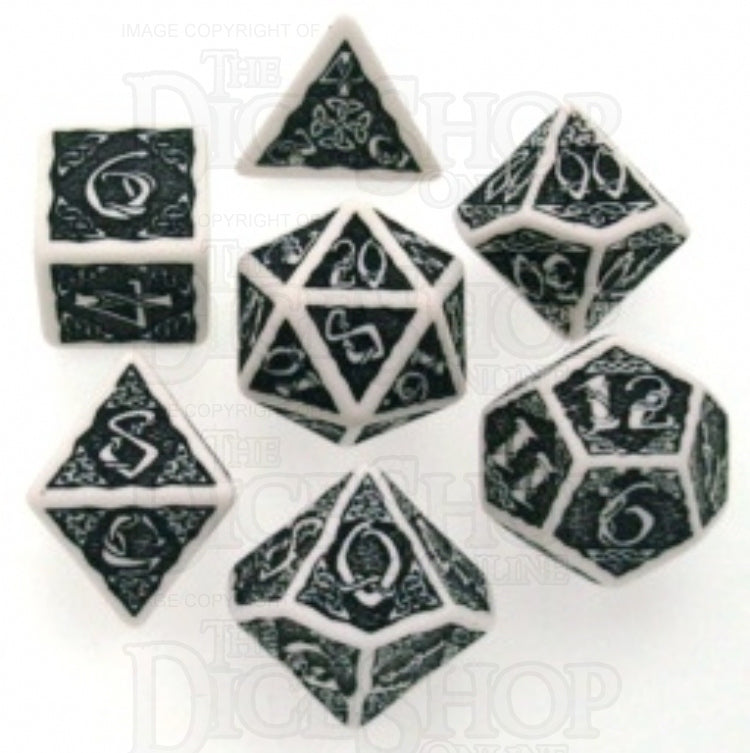 Q Workshop Celtic 3D Opaque White &amp; Black 7 Dice Polyset