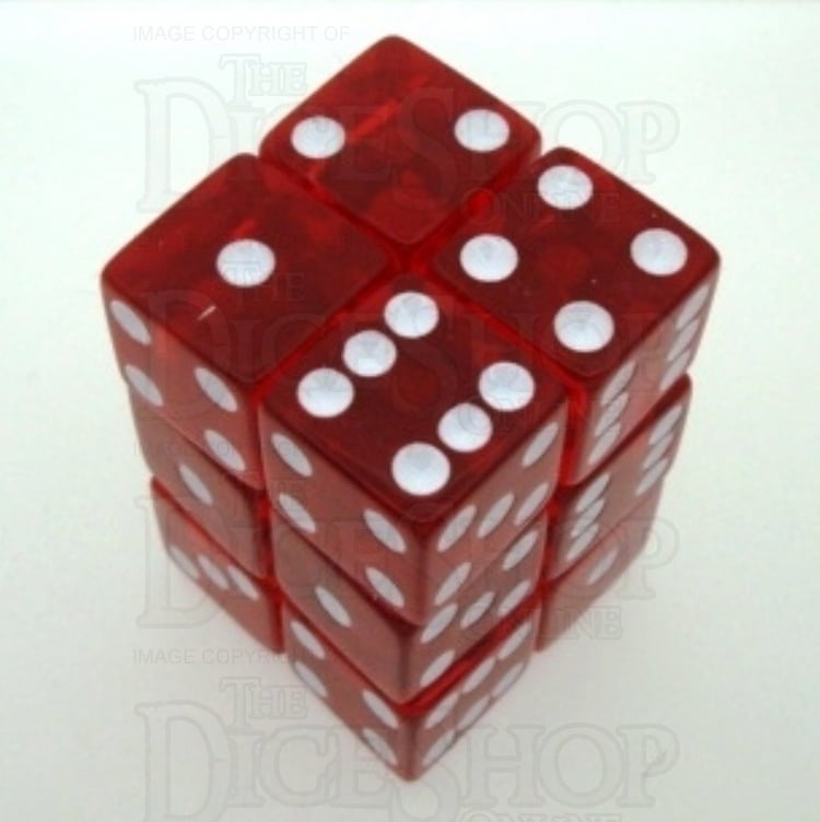 Koplow Transparent Red Square Cornered 12 x D6 Dice Set