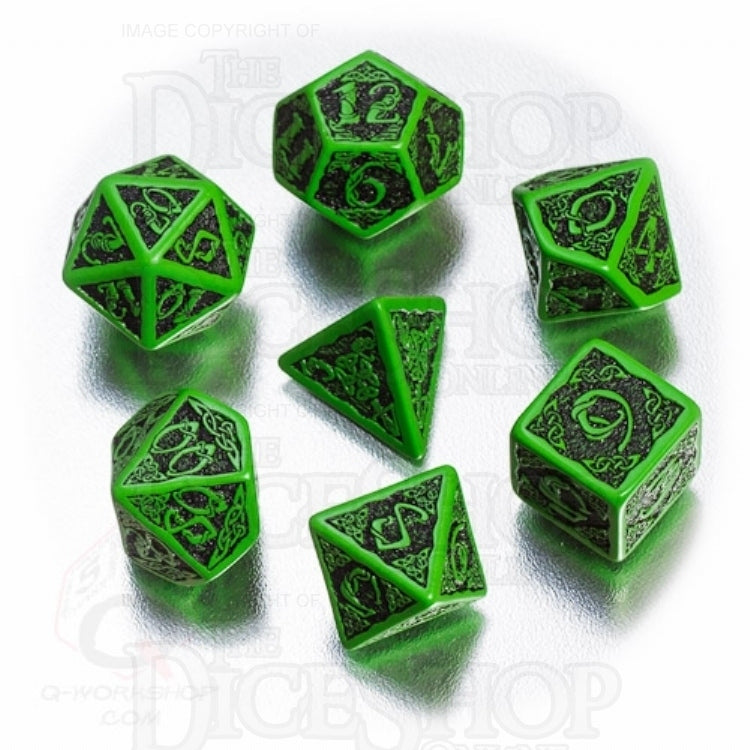 Q Workshop Celtic 3D Opaque Green &amp; Black 7 Dice Polyset