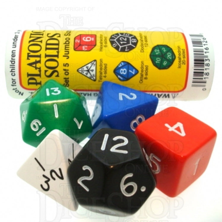 Koplow Opaque Platonic Solids JUMBO 5 x Polyhedral Dice Set