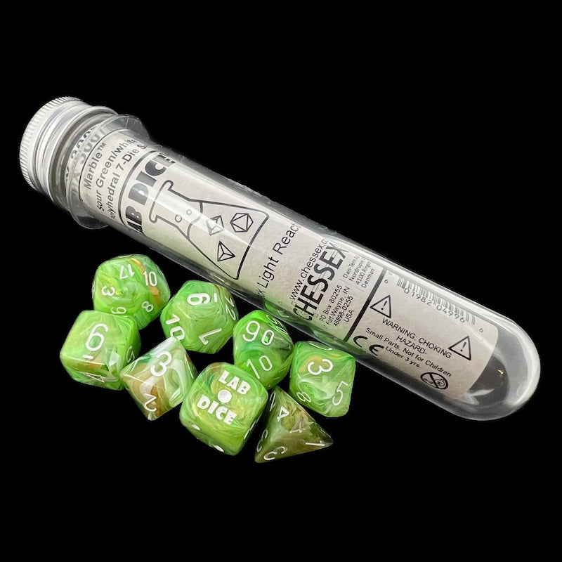 Chessex LAB 10 Marble Sour Green With White 7 Dice Polyset + Bonus D6 - Glow Under Blacklight