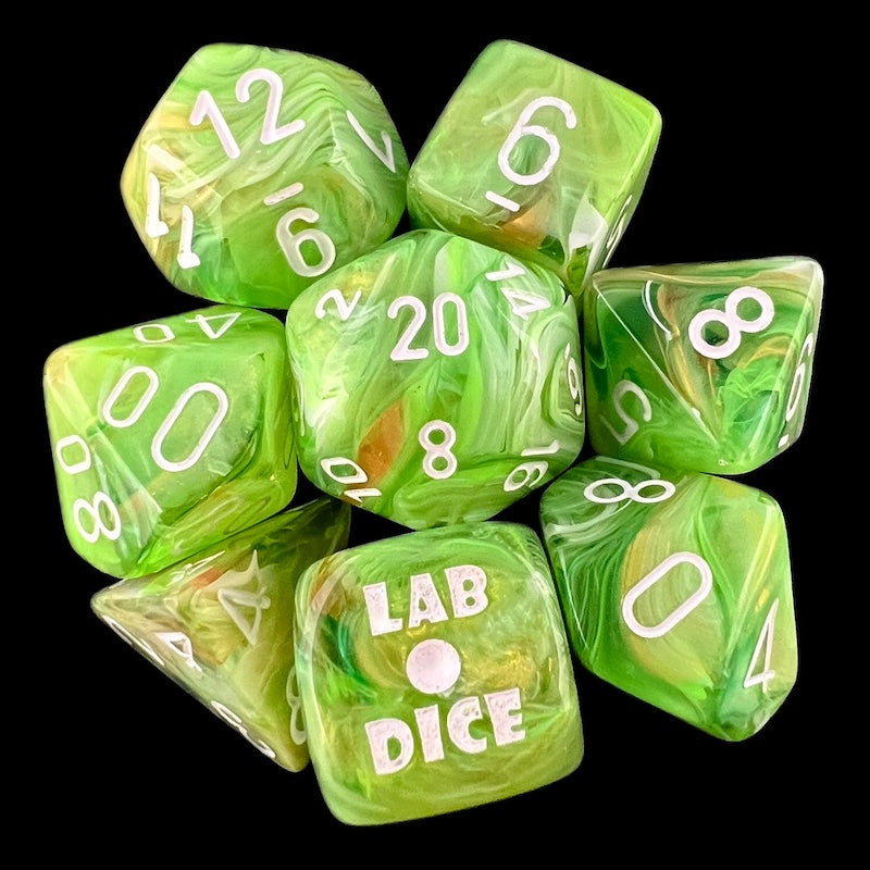 Chessex LAB 10 Marble Sour Green With White 7 Dice Polyset + Bonus D6 - Glow Under Blacklight