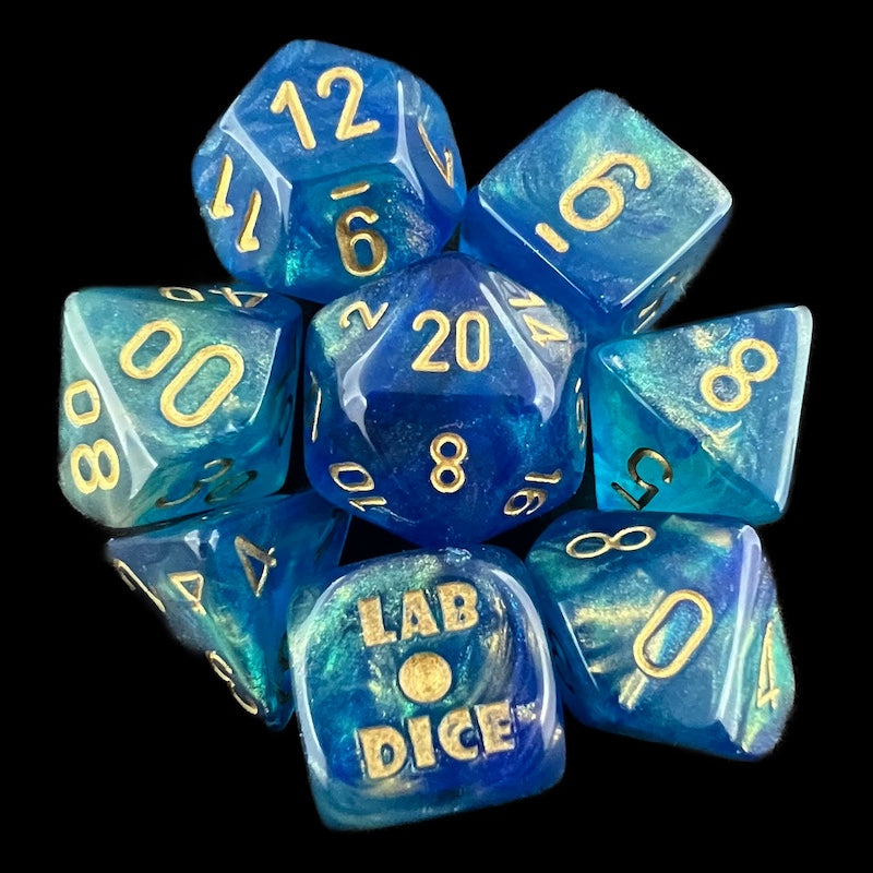 Chessex LAB 10 Shimmer Aqueous & Gold 7 Dice Polyset + Bonus D6