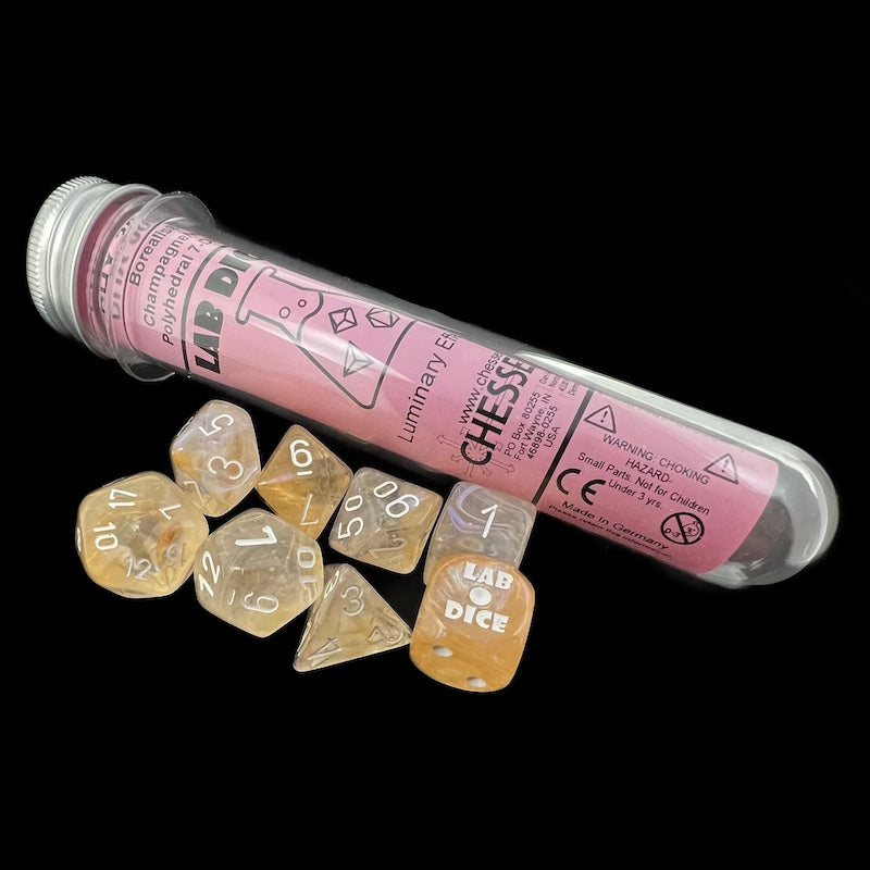 Chessex LAB 10 Borealis Champagne & White Luminary 7 Dice Polyset + Bonus D6 - Glow In Dark