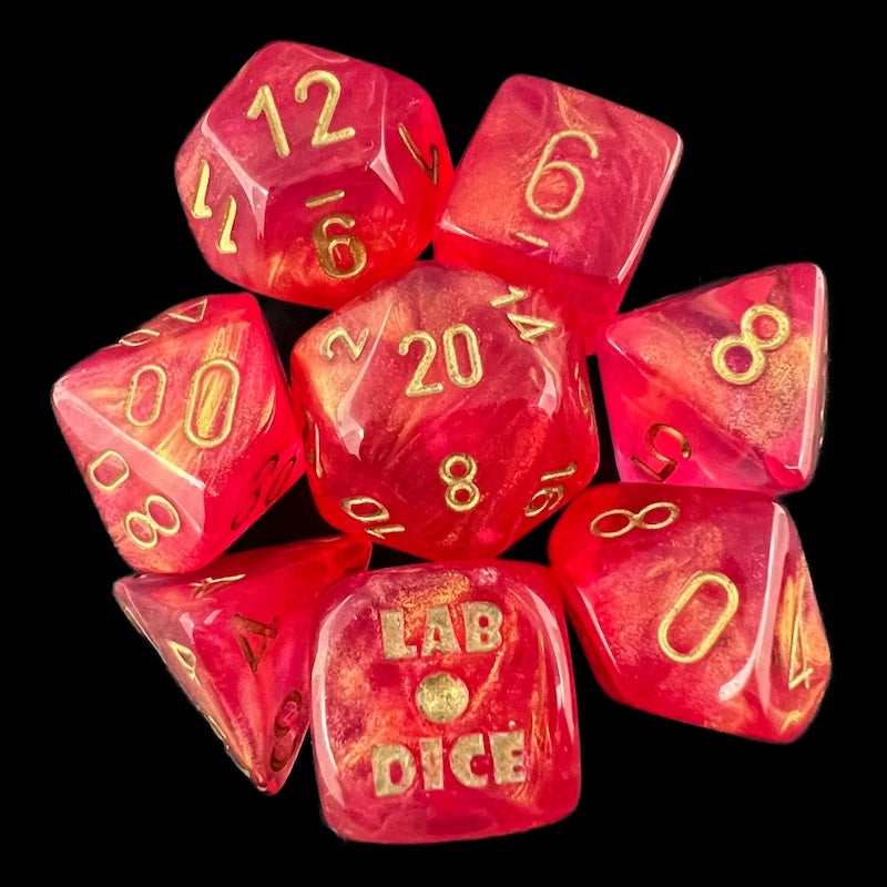 Chessex LAB 10 Shimmer Ignis & Gold 7 Dice Polyset + Bonus D6