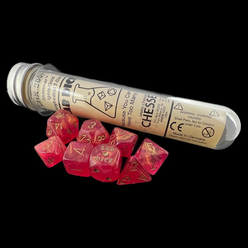 Chessex LAB 10 Shimmer Ignis & Gold 7 Dice Polyset + Bonus D6