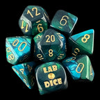 Chessex LAB 10 Gemini Green & Teal With Gold 7 Dice Polyset + Bonus D6