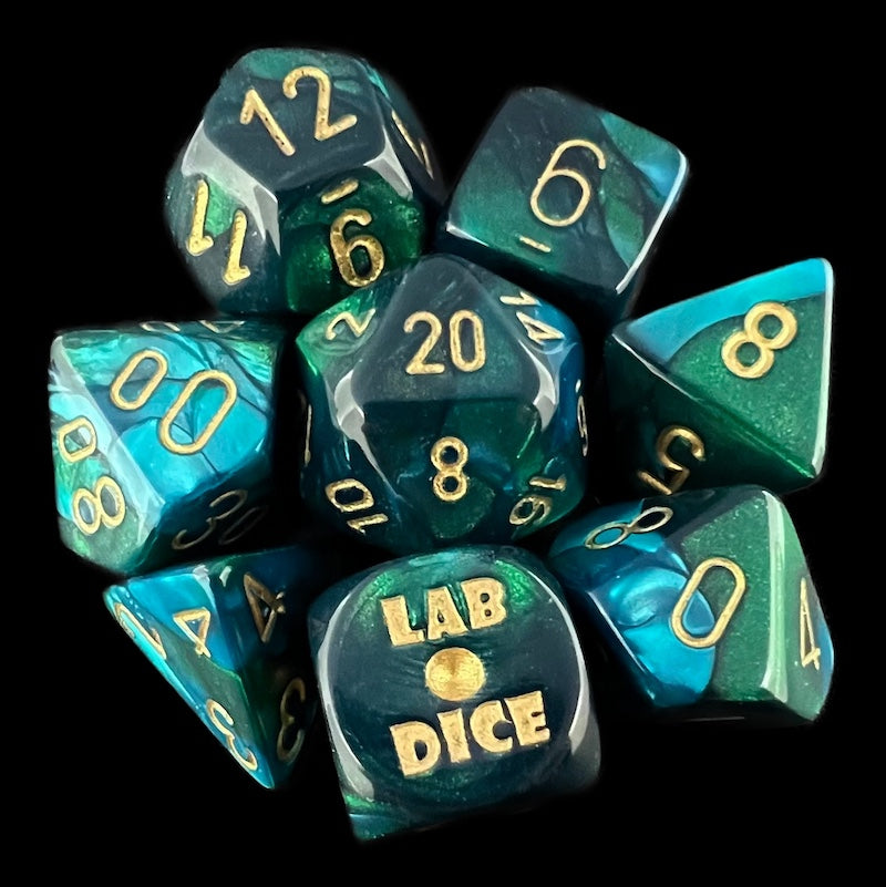 Chessex LAB 10 Gemini Green & Teal With Gold 7 Dice Polyset + Bonus D6