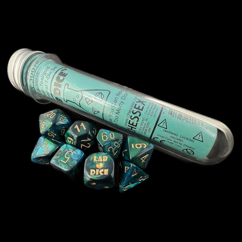 Chessex LAB 10 Gemini Green & Teal With Gold 7 Dice Polyset + Bonus D6