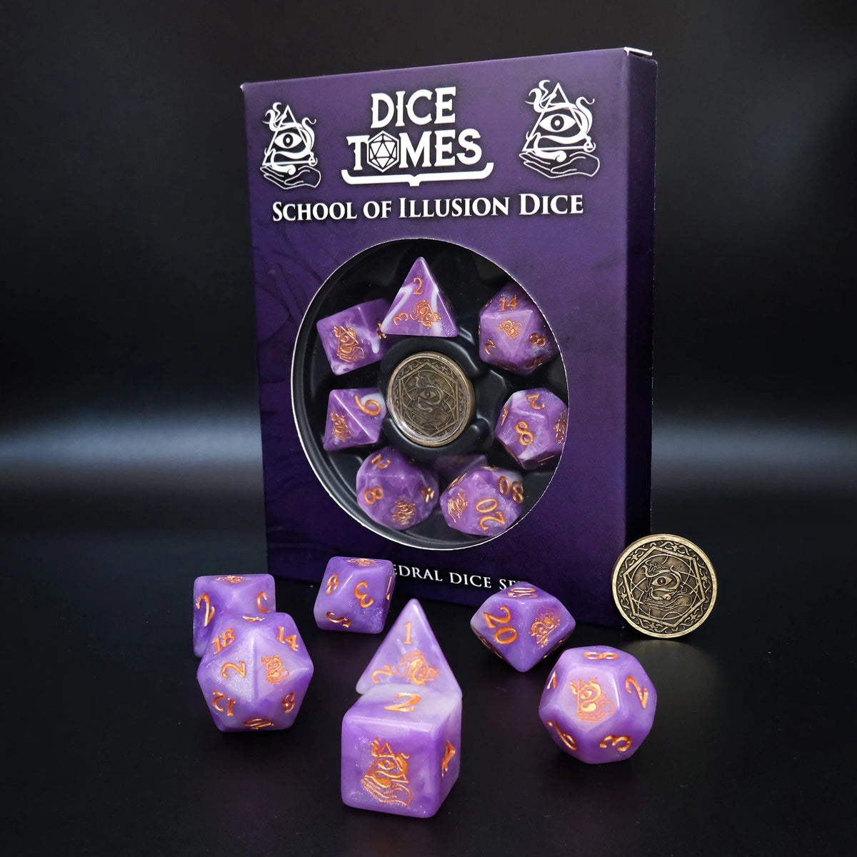 Dice Tomes School of Illusion 7 Dice Polyset + Coin