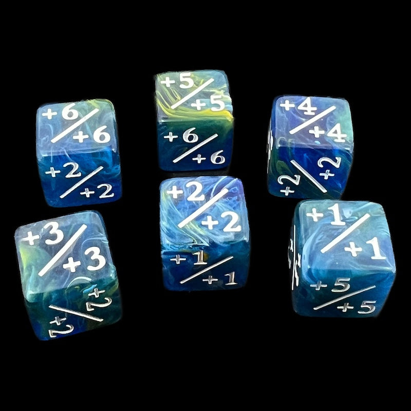 TDSO Pearl Swirl Blue & Yellow Positive Counter 6 x D6 Dice Set
